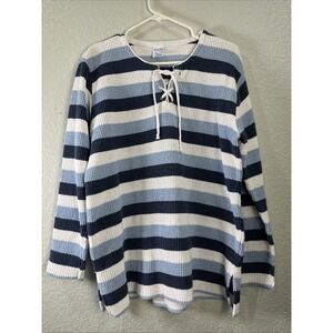 Vtg Olympic Grigoropoulos Gregory Womens Cotton Crochet Knit Top XL Blue Stripe